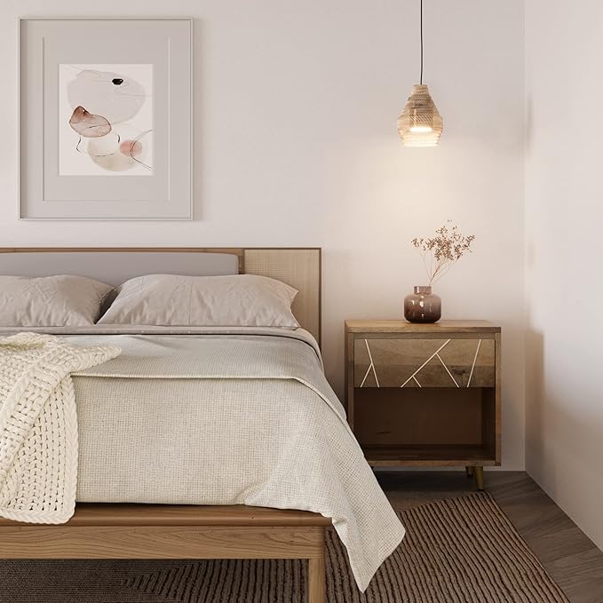 SIMPLIHOME Jager Bedside Table - 22 inch Wide Solid Mango Wood Nightstand in Natural, Mid Century Contemporary Bedroom Side or End Table with Brass Metal Inlay, 1 Drawer, and Open Storage