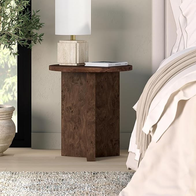 Henn&Hart 20" Scandinavian Round Wooden End Table, Side Table, Nightstand with X-Base for Living Room, Office, Family Room, or Bedroom, Espresso Burl