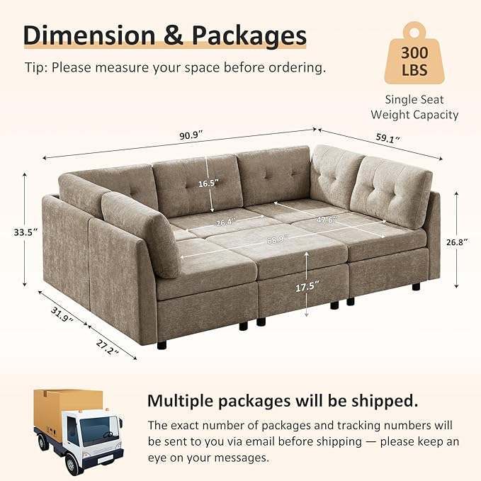 VANOMi 6 Seat Modular Cloud Sofa, 118" Convertible Sectional Cloud Sofas & Couches for Living Room, Comfy Chenille Sectional Couch Sofa for Living Room, Apartment, Office, Camel, L/U Shaped
