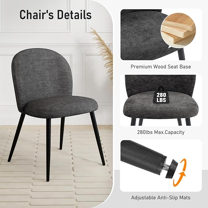 Upholstered Dining Chairs Set of 2, Modern Kitchen Side Chair with Padded Seat Comfortable Chenille Fabric Study Black Matel Legs,Desk Chair with Back for Dining Rooms, Black