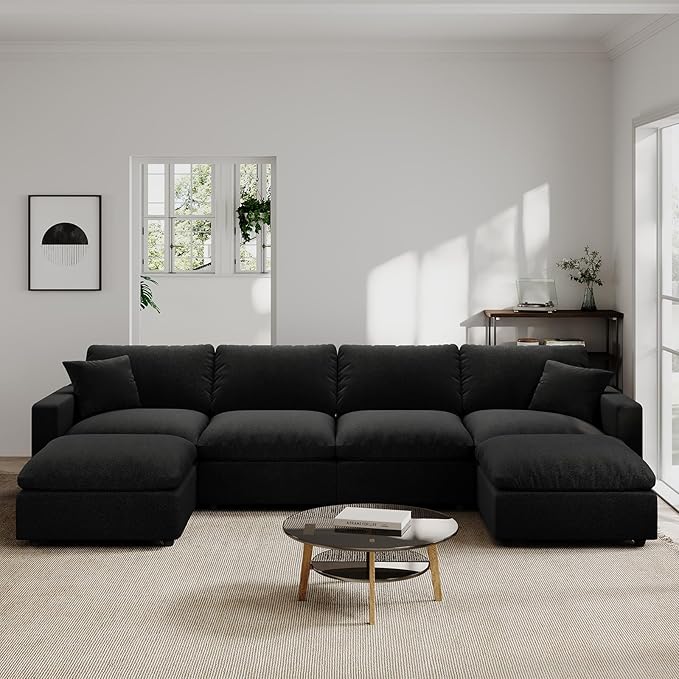 Modern Sectional Linen Couch for Living Room U-Shape Sofas,6 Seat Modular Cloud Sofas,Couches Cushion Covers Removable,Cozy Feather Down Sofa for Apartment Black
