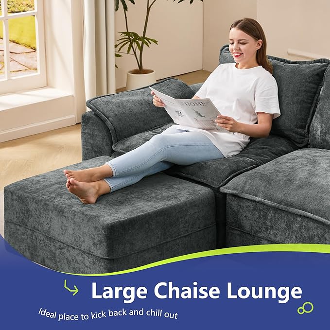 Hobestluk 120" Cloud Modular Sectional Couch 3-Seater Sofa with Ottoman L Shaped Sofa with Removable Cover Large Sofa Couch for Living Room (Blue Grey, 3-Seater Sofa with One Ottoman)