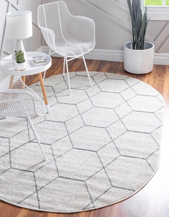 Unique Loom Trellis Frieze Collection Area Rug - Geometric (3' x 5' Oval, Ivory/ Gray)