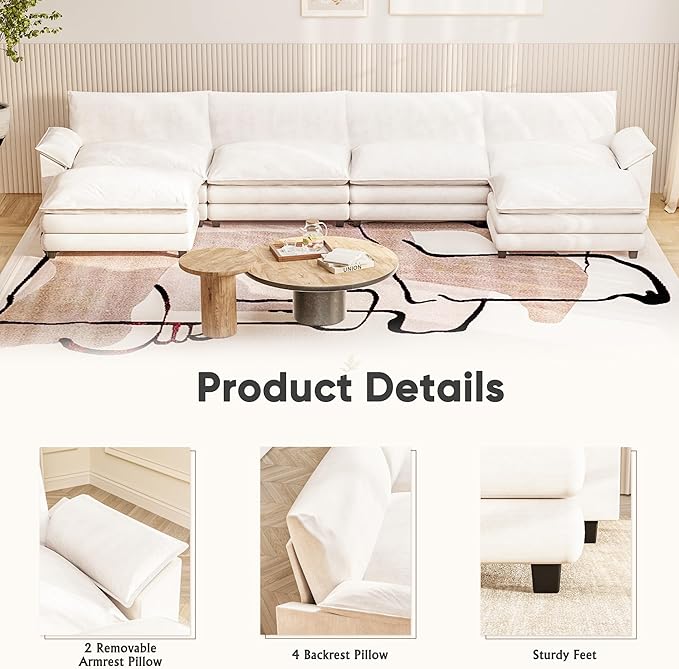 Furniwell Modular Sectional Sofa with Moveable Ottoman, Oversized 3-Seater Couch with Supportive Backrest, Chenille Convertible Sofa Couches for Living Room/Apartment (Whtie, U Shaped)