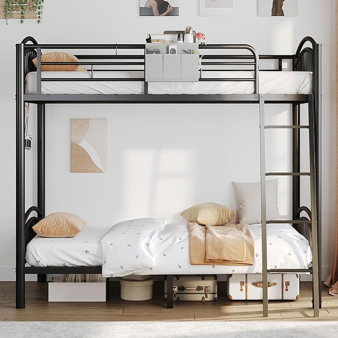 Twin Bunk Beds for Teen & Adults, Heavy Duty Metal Bunk Bed Twin Over Twin with Bedside Caddy, Convertible Ladder & Flat Rungs, Space Saving Bunkbed Frame for Bedroom Dorm, No Box Spring Needed