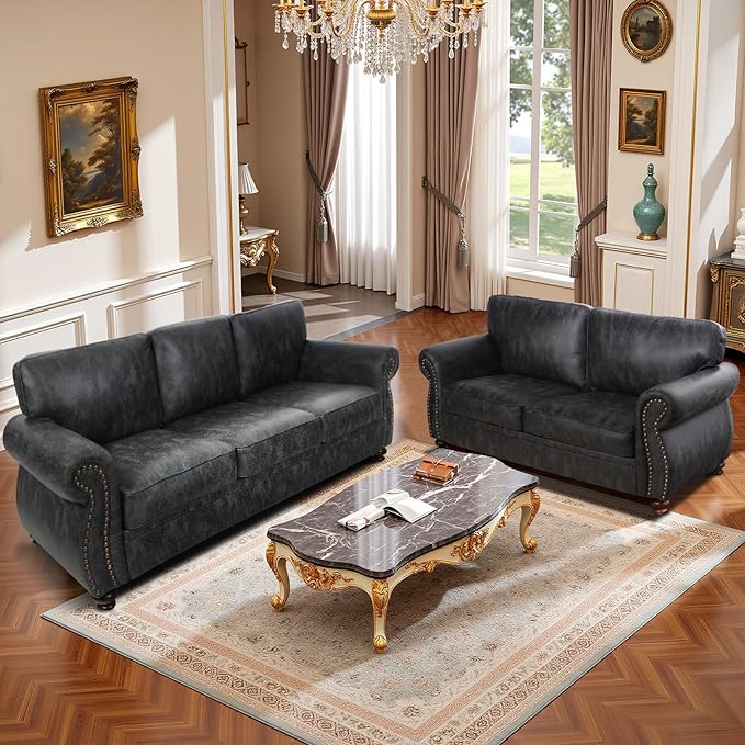 Mid-Century Vintage Sofa Couches with Rivet Design,loveseat Sofa,Removable Sofa Cover Upholstered Cushions and Solid Wood Frame (Grey, Loveseat)
