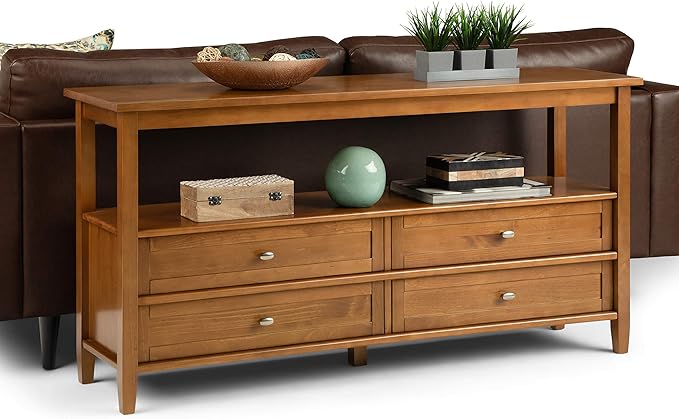 SIMPLIHOME Warm Shaker Wide Console Table - 60 Inch Wide Solid Wood Sofa Table in Light Golden Brown, Transitional Storage for Living Room with 4 Drawers, Open Shelf, and Brushed Nickel Knobs