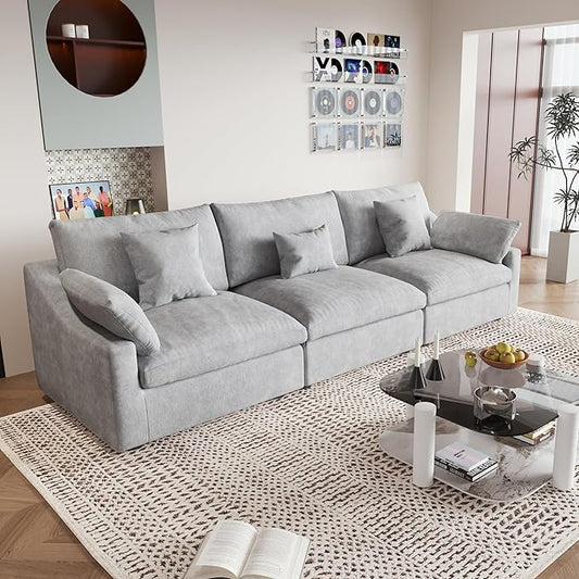 JACH Sectional Couches for Living Room, 3 Seater Cloud Sectional Couch with Deep Seat, Down Filled Modular Sofa, Covers Removeable & Washable, Sofas Furniture for Living Room, Light Grey