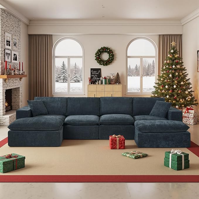 108" Sectional Couches for Living Room Boneless Couch Upholstered Cloud Couch Sectional Modular Sectional Sofa with L Shaped (Chenille-Blue, 4 Seat+2 Ottoman)