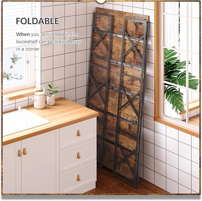 4NM Extra Wide 6 Tiers No Assembly Book Shelves, 61.8" H Folding Bookshelf Bookcase Open Industrial Foldable Shelves for Bedroom, Living Room, Home Office - Rustic Brown Black