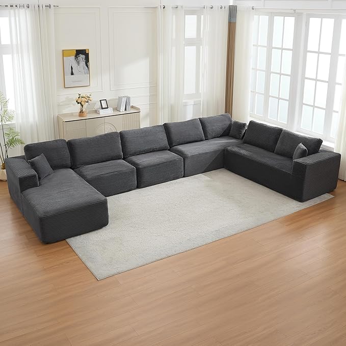 Modular Sectional Cloud Couch for Living Room,Modern Boneless Couche Set with Plush Corduroy,Comfy Floor Sofa with Memory Foam,Stupendous U Shaped Sofa with Chaise,No Assembly Required,Grey