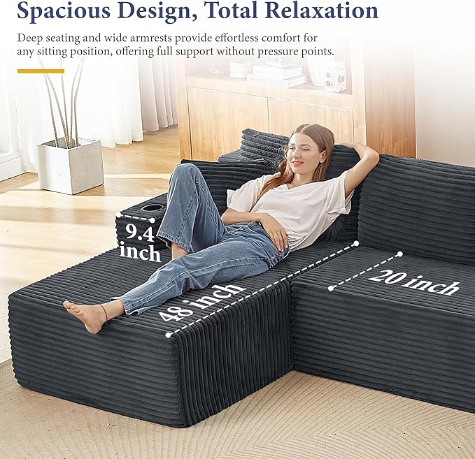 134''Oversized Modular Sectional Sofa Boneless Cloud Couch with Chaise Comfy Sectional Couches for Living Room,Bedroom,Apartment (Dark Grey, 134''W U-Shaped)