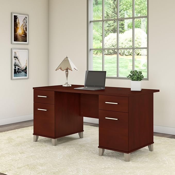 Bush Furniture 60-inch Home Office Desk with Drawers, Large Computer Table with Storage, Transitional Style, Somerset Collection, Hansen Cherry