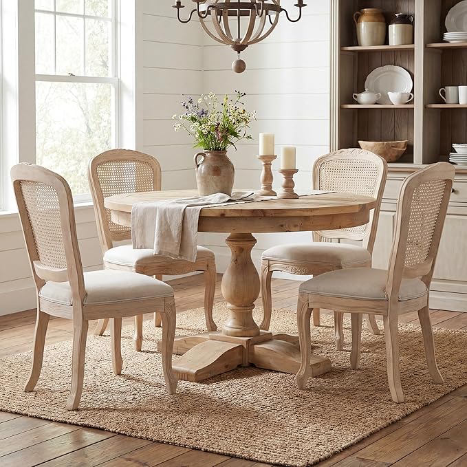 Wicker Dining Chairs Set of 6, Upholstered Linen Fabric Dining Room Chairs with Square High Rattan Back Farmhouse French Kitchen Chairs for Dining Table/Living Room/Restaurant, White