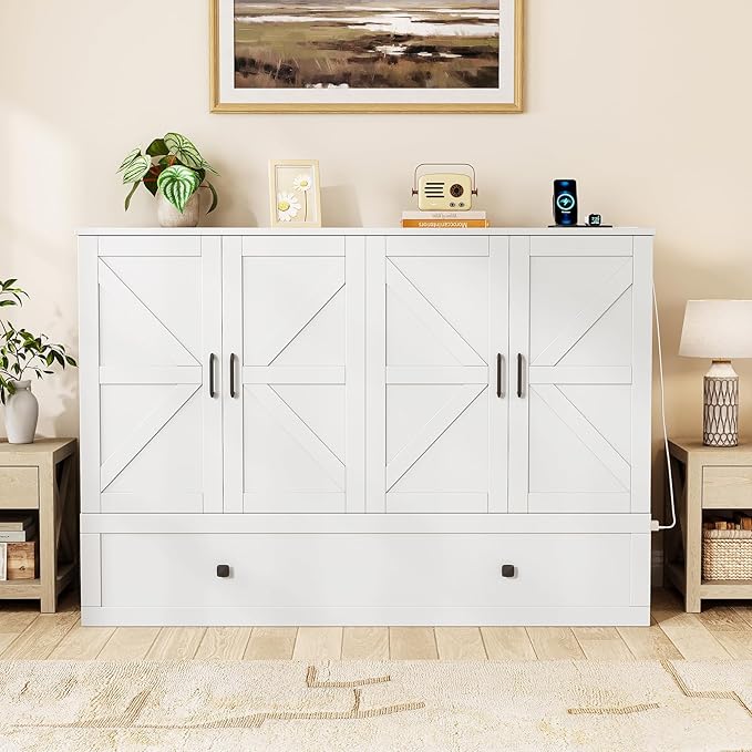 Murphy Bed Queen with Storage & Charging Station, Murphy Cabinet with Foldable Panel, Noisy Free, for Guest Bedroom, Living Room, Office, Distressed White