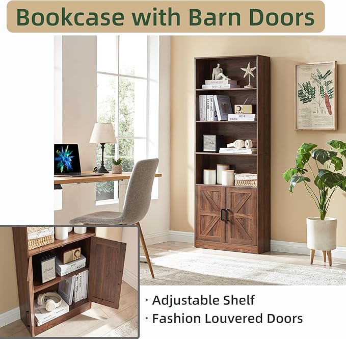 70in Tall Bookshelf 6 Tier Bookcase with Barn Doors and Adjustable Shelf, Brown Farmhouse Book Shelves with Storage Cabinet,Wood Floor Standing Display Bookshelve for Bedroom,Living Room,Kitchen
