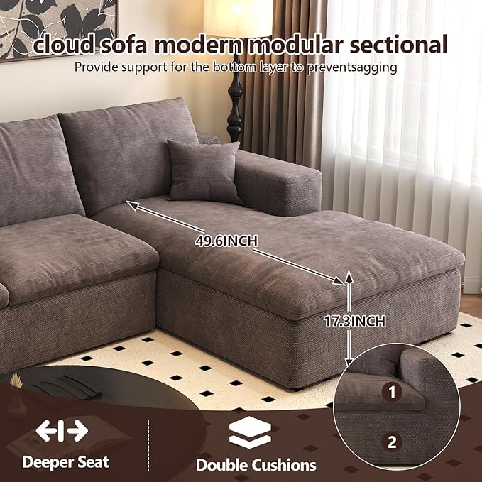 136.6'' U-Shaped Modern Modular Sectional Cloud Couch Whit Ottoman, 4-Seat Chenille Deep-Seat Sofa with Pillow for Living Room, Bedroom, Apartment, Camel