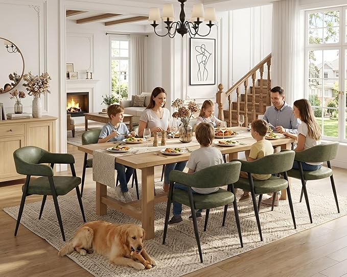 HNY Modern Dining Room Arm Chairs Set of 6, Green Retro Faux Leather Upholstered Barrel Dining Chairs with Arms Mid-Century Accent Chair with Metal Legs, Open-Back Kitchen Side Chairs for Living Room