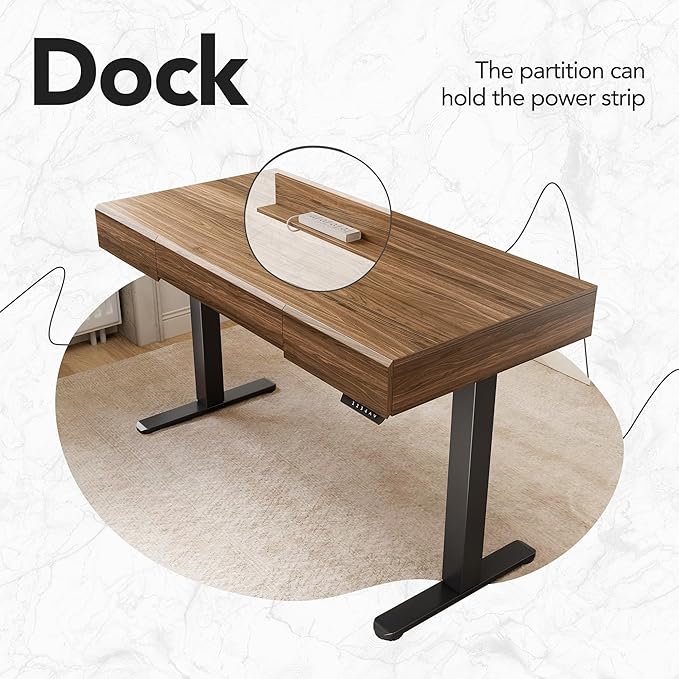 HUANUO Electric Standing Desk with 3 Drawers, 48 Inches Height Adjustable Stand Up Desk, Whole-Piece Board Computer Workstation with 4 Memory Height Settings, Black Walnut