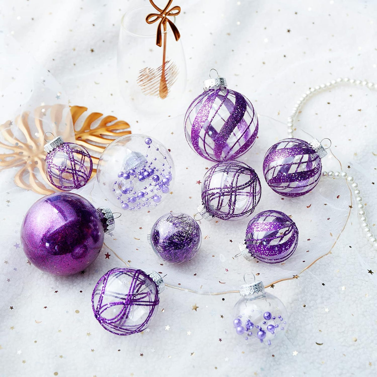 Clear Christmas Ball Ornaments,24ct Shatterproof Plastic Decorative Christmas Ornaments Hanging Xmas Tree Baubles Set with Stuffed Delicate Glittering Decorations for Holiday Party Home Decor(Purple)