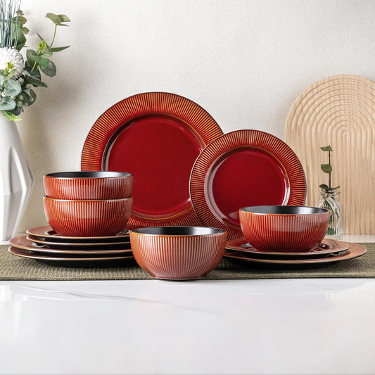 GBHOME Ceramic Dinnerware Sets,12 pcs Embossed Elegant Stoneware Plates and Bowls Sets, Housewarming Wedding Gift | Dishwasher & Microwave Safe | Dishes Set Service for 4