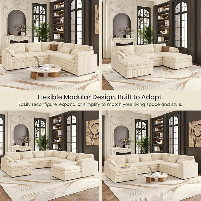 Belffin Large Modular Sectional Sofa with Deep Chaise, 73.6" Corduroy L Shaped Couch with 9" Soft Dual-Layer Seats Cushion for Living Room, Apartment, Beige