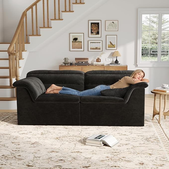 81" Sofa with Deep Seats Oversize, 2 Seater Cloud Couches, Upholstered Corduroy Loveseat for Living Room Bedroom, No Assembly Required, Black