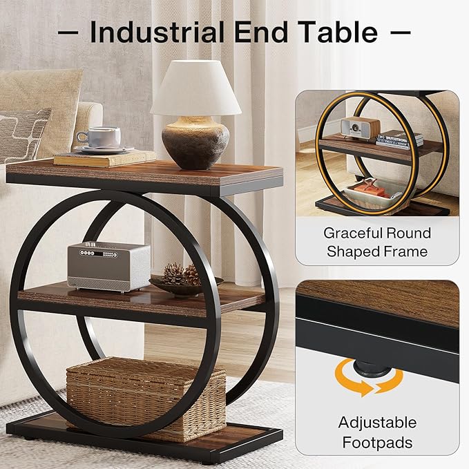 Tribesigns End Table, Narrow End Table with 3 Storage Shelves, Wood Side Table with Black Metal Frames, Industrial Small Sofa Side Table for Living Room, Slim Nightstand and Bedside Table for Bedroom
