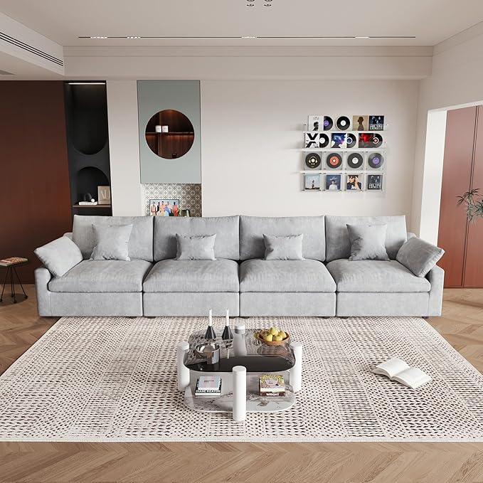 JACH Sectional Couches for Living Room, 4 Seater Cloud Sectional Couch with Deep Seat, Down Filled Modular Sofa, Covers Removeable & Washable, Sofas Furniture for Living Room, Light Grey