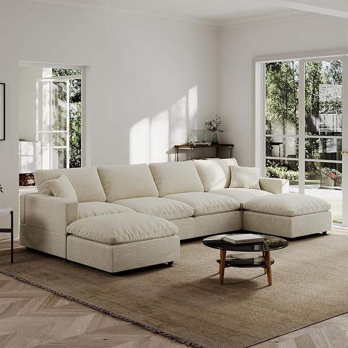 Modern Sectional Linen Couch for Living Room U-Shape Sofas,6 Seat Modular Cloud Sofas,Couches Cushion Covers Removable,Cozy Feather Down Sofa for Apartment Beige