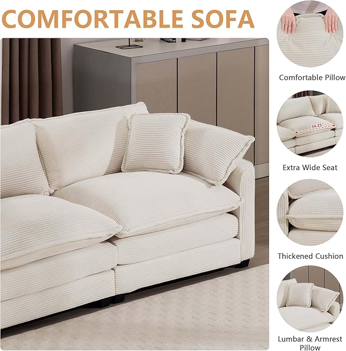 mikibama Luxury 3 Piece Sofa Set, 3-Seater & 2 Loveseat Couch Set, Modern Corduroy Comfy Cloud Couches Set for Living Room Office with 6 Armrest Pillows and 7 Toss Pillows, Beige