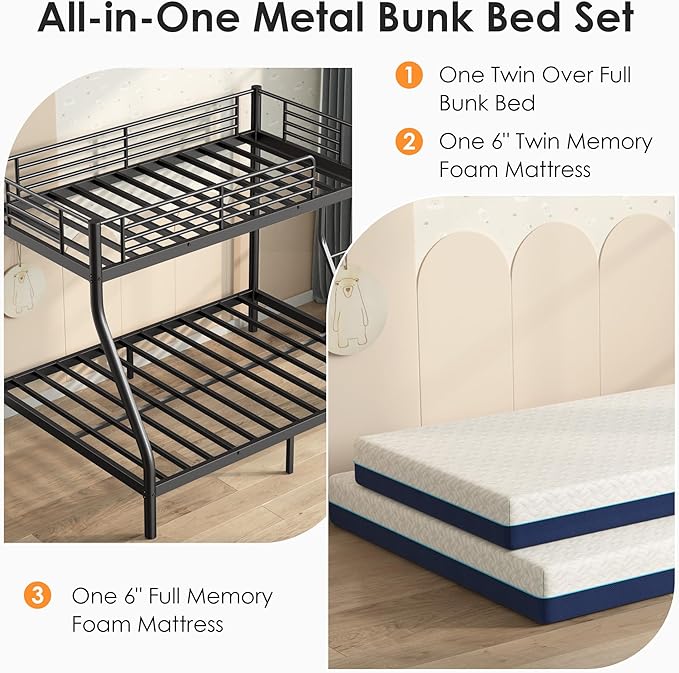 SDHYL Twin Over Full Bunk Bed with Two Mattresses, All-in-One Metal Bunk Bed Set for Kids/Adults, Heavy Duty Sturdy Frame, 6 Inch Twin & Full Memory Foam Mattress Included, Space-Saving, Easy Assembly