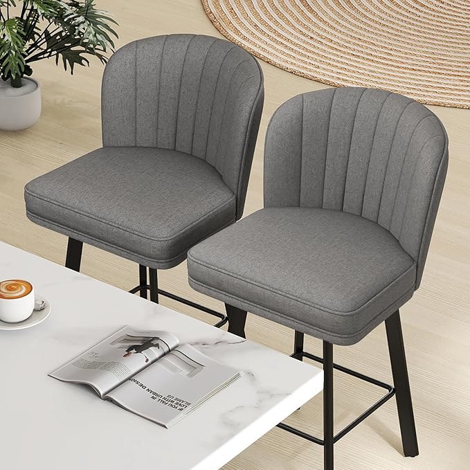 Swivel Counter Height Bar Stools Set of 2, 26'' Modern Barstools with Backs and Metal Legs, Upholstered Bar Chairs,Mid-Gray,Fabric Stools for Kitchen Island Chairs