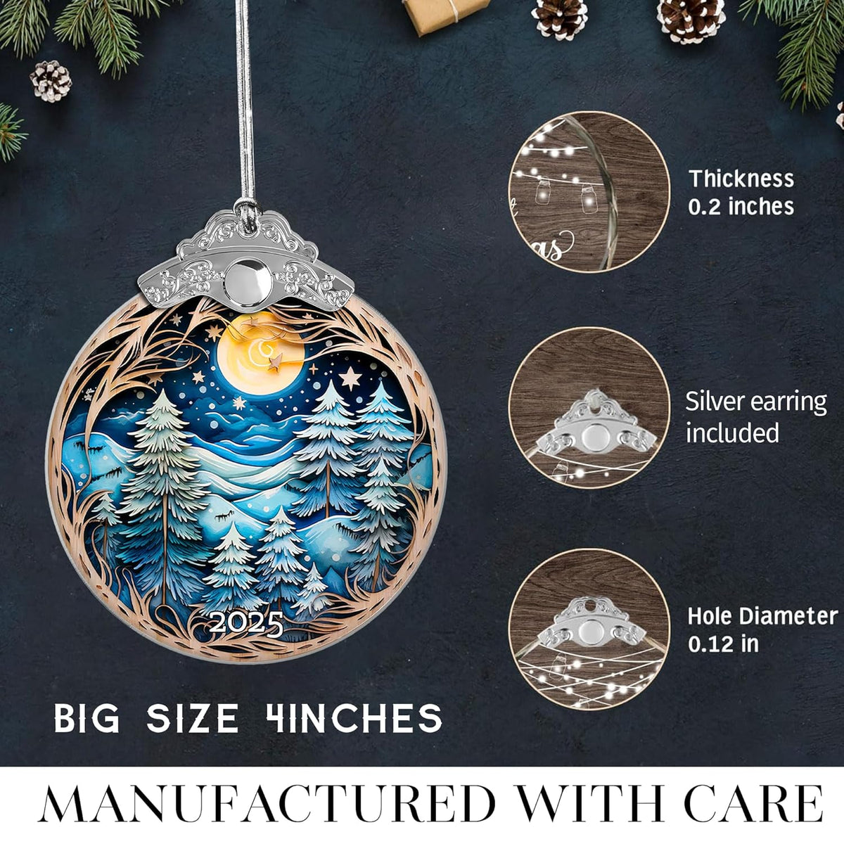 Christmas Ornaments, Winter Night Landscape 2025 Christmas Ornament, Large Acrylic Ornaments for Christmas Tree, White Elephant Gifts, Christmas Decor (Blue Forest)