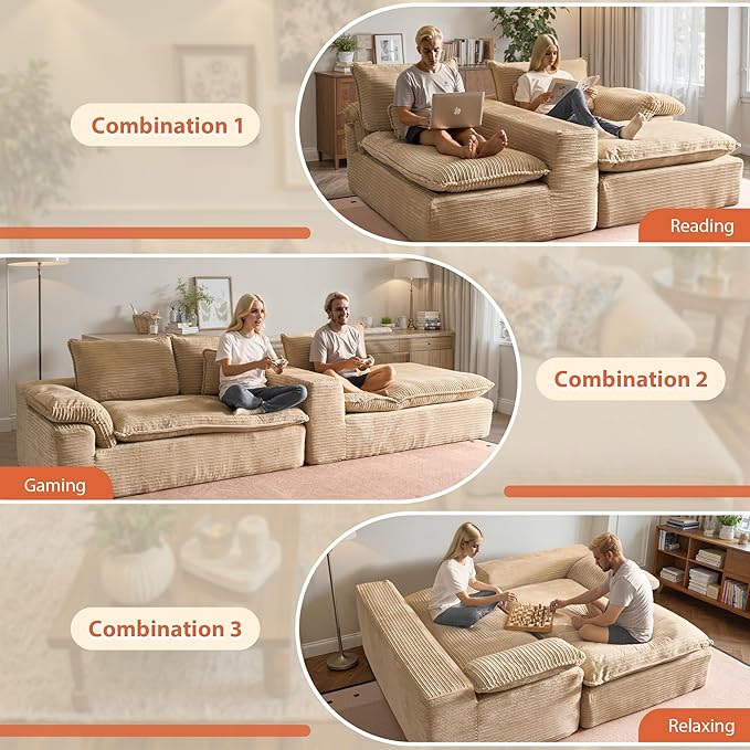 113 in Oversized Cloud Sofa with L Shape Chaise, Sectional Couches for Living Room, Assembly Free Modular Comfy Corduroy Sofa with Left Facing Chaise Longue for Home Apartment (Left Chaise, Beige)