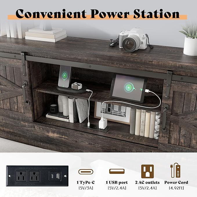 AMERLIFE Farmhouse Queen Bed Frame, Rustic Wood Platform Beds w/Barn Door Storage Bookcase Headboard & Charging Station, Bedroom Furniture, No Box Spring Needed, Dark Oak