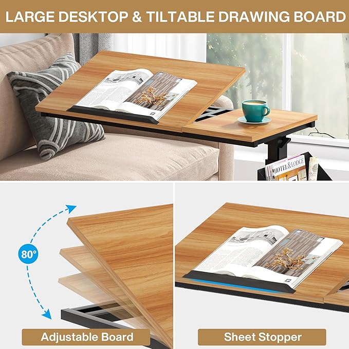 Tribesigns C-Shaped End Table, Small Adjustable Height Rolling Side Table with Wheels and Storage Bag, Portable Mobile Tiltable Laptop Desks for Couch, Living Room, Bedroom, Walnut
