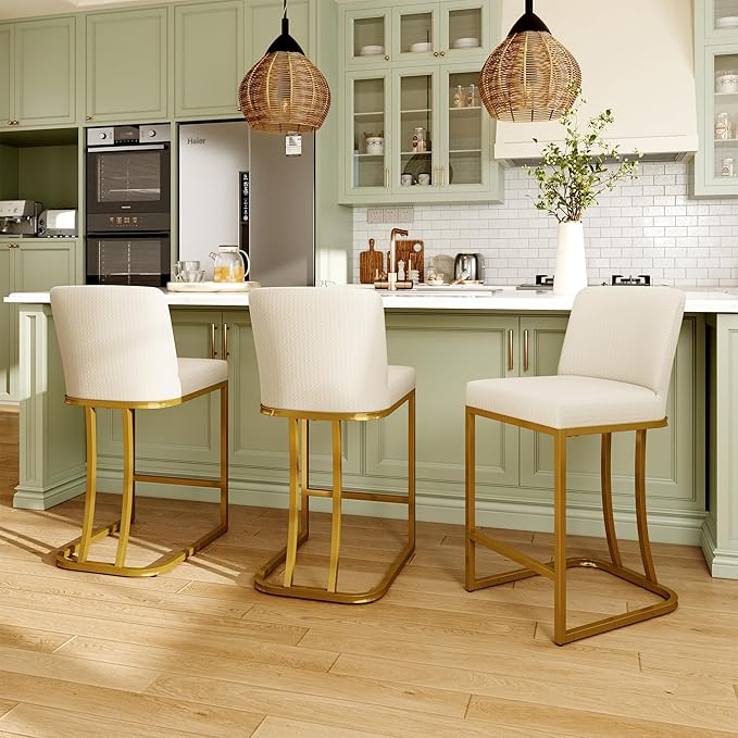 MAISON ARTS Bar Stools Set of 2, 24 Inch Counter Height Barstools with Back, Modern Upholstered Faux Leather Bar Chairs for Kitchen Island Home Bar, Gold Metal Frame, Footrest, Off White