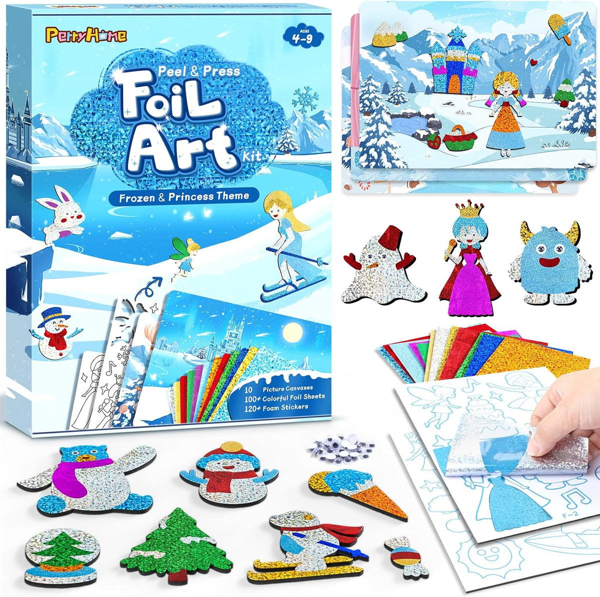PERRYHOME Foil Arts & Crafts for Kids-DIY Frozen Fun Foil Art Kit Toys,Mess Free Coloring,Kids Car Airplane Travel Activities Toys,Birthday Christmas Gifts for Girls Children Toddler Ages 4-9