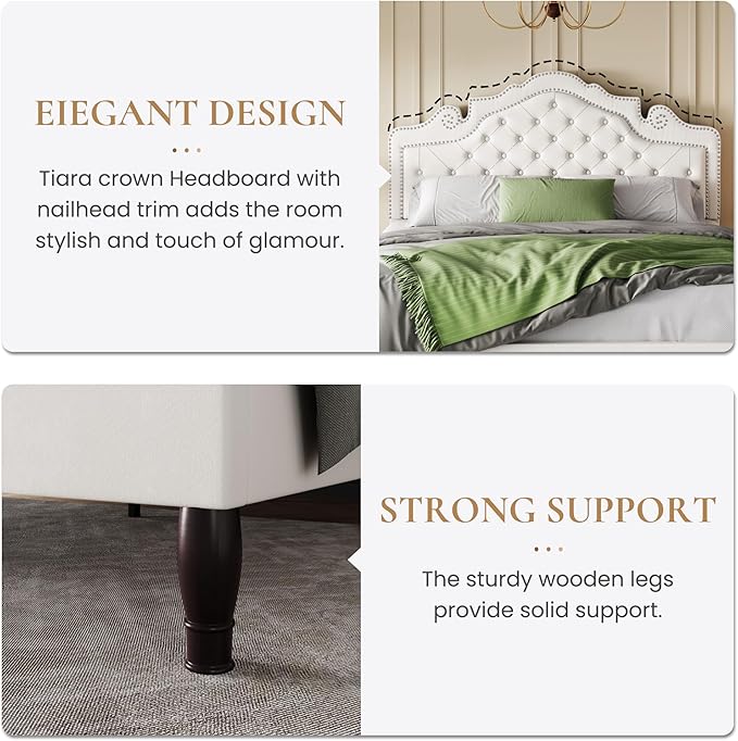 SHA CERLIN Full Size Bed Frame with Adjustable Headboard/Velvet Upholstered/Diamond Button Tufted and Metal Studs/No Box Spring Needed/Sturdy Wood Slat Support/Easy Assembly/White