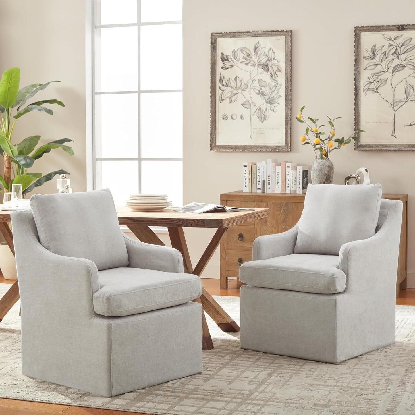 VKNOW Upholstered Dining Chairs Set of 2, Modern Kitchen Chairs Dinner Chairs with 4 Casters, Linen Armchair for Bedroom Reading Room Living Room, Light Grey