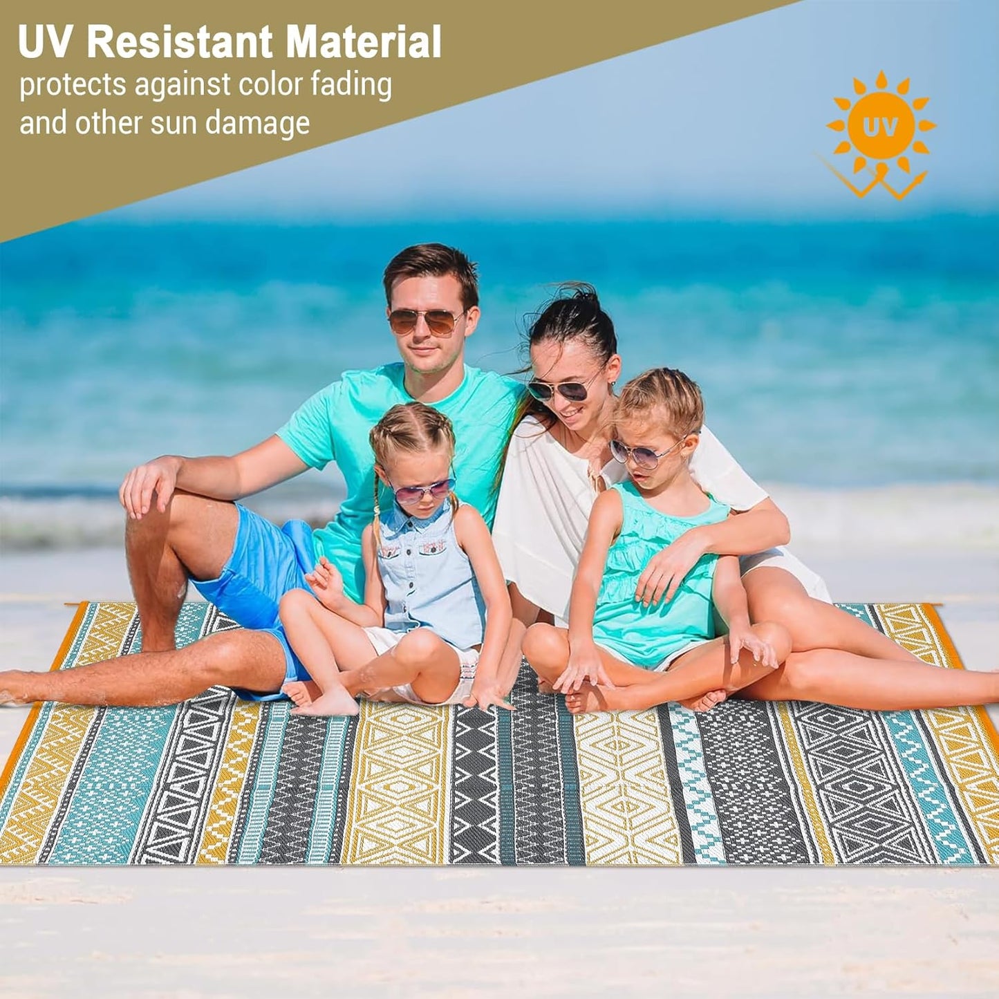 GAOMON Reversible Outdoor Rug 9'x18' Waterproof Plastic Straw Rug, Patio Rug, Large Modern Area Rug Carpet, Indoor Outdoor Rugs for Camping, Porch, Deck, Balcony, Backyard, Teal/Yellow(Bohemia)