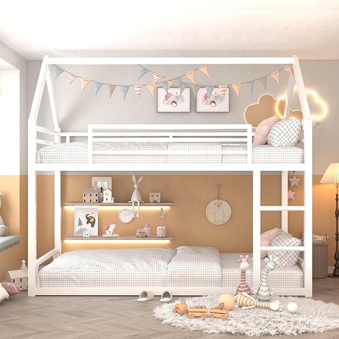 Bunk Bed Twin Over Twin, House Bunk Bed Frame with Ladder and Guardrail, House Shaped Bunk Bed Frame with Metal Slats for Girls Boys, Space Saving, No Box Spring Needed (White)