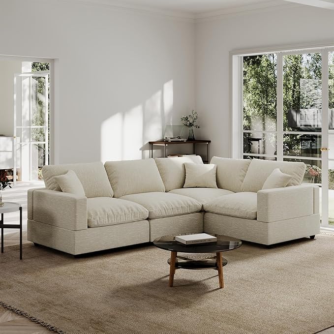 Modern Sectional Linen Couch for Living Room V-Shape Sofas,4 Seat Modular Cloud Sofas,Couches Cushion Covers Removable,Cozy Feather Down Sofa for Apartment Beige