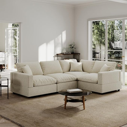 Modern Sectional Linen Couch for Living Room V-Shape Sofas,4 Seat Modular Cloud Sofas,Couches Cushion Covers Removable,Cozy Feather Down Sofa for Apartment Beige