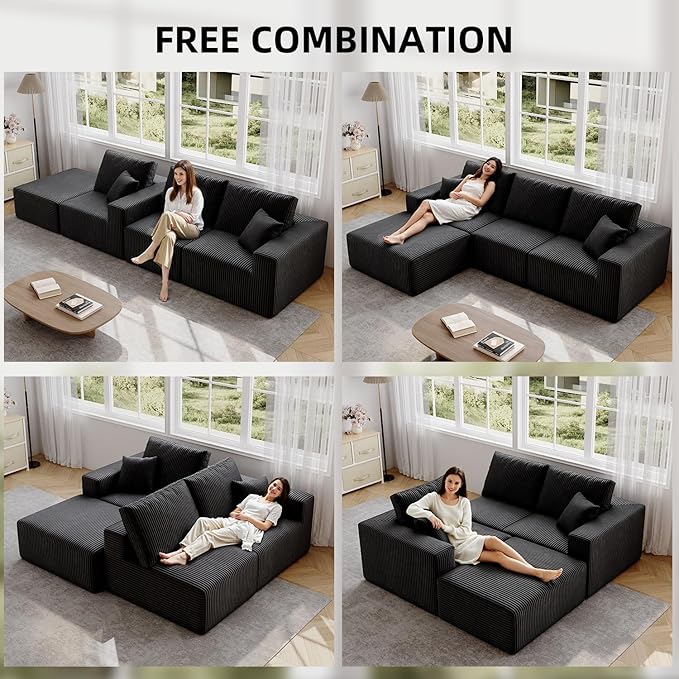 110" Boneless Cloud Sectional Couch for Living Room, Compressed Modular L-Shaped Sofa with Deep Seat, Frameless Corduroy Couch in Boxes, No Assembly Required 3-Seater (Right-Facing Chaise, Black)