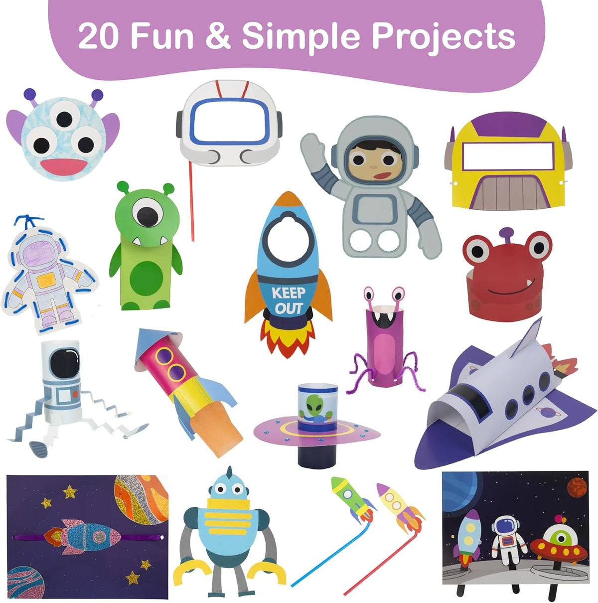 Craftikit® 20 Space Arts & Crafts for Kids - All-Inclusive Fun Toddler Craft Kit, Ages 3-10, Galaxy-Themed Activities