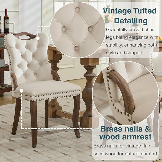 Velvet Dining Chairs Set of 4, Solid Wood Handles, Wooden Upholstered Dining Chair, Vintage Copper Nail Decoration, Mid Century Modern Kitchen Chair (Beige, Set of 4)