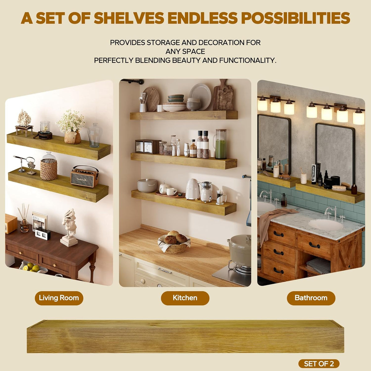 Floating Shelves 3 inch Thick for Wall Set of 2,Solid Pine Wood Wall Mount Shelf for Kitchen Living Room Bedroom Bathroom,8" D x 60" L x 3" H-Gold Oak