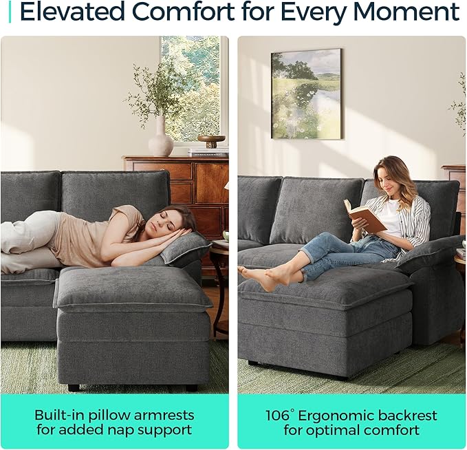 LINSY HOME Modular Sectional Couch Set, 99.7" V Shaped Cloud Sofa with Versatile Console, Chenille 5 Seater Sofa Set for Living Room, Apartment, Office, Green